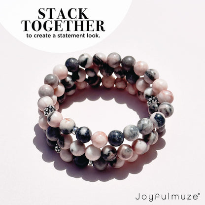 Joyfulmuze Zebra Jasper, Stretch Bracelets Natural Genuine Pink and Black Gemstones, Handmade Gift for Women and Men (Ocean-Pink-Black-Agate)