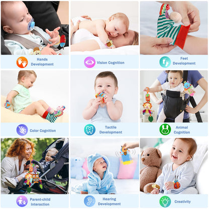 Bloobloomax Baby Soft Hanging Rattle, Wrist Rattle and Hand Foot Rattle Toy, Car Seat Stroller Toys with Plush Animal C-Clip Ring for Infant Babies Boys and Girls 3 6 9 to 12 Months (12PCS-G)