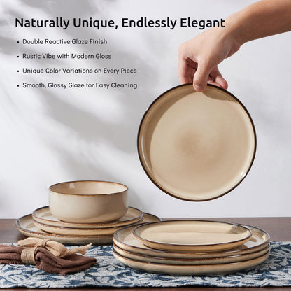 E-far 12-Piece Plates and Bowls Set, Stoneware Dinnerware Sets for 4, Reactive Glaze Ceramic Dinning Ware Dishes, Microwave & Dishwasher Safe - Sandy Beige