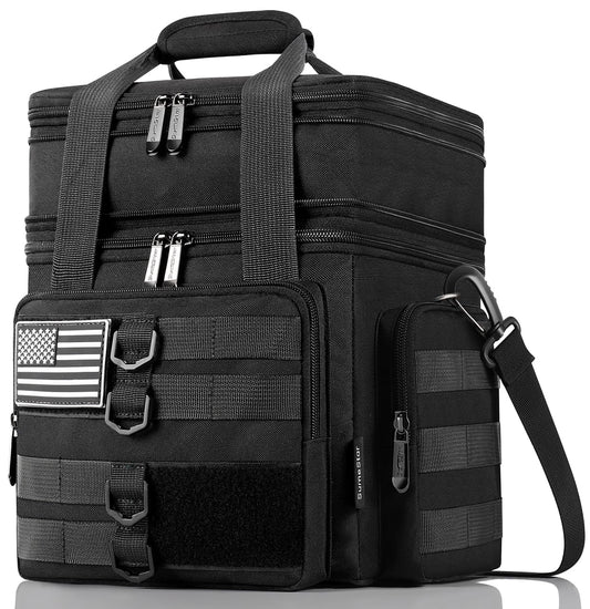 Tactical Lunch Box for Men, Large Insulated Lunch Bag for Adult, Heavy Duty Double Deck Expandable Lunch Cooler Bag with American Flag, Leakproof Soft Lunch Pail for Work Office Camping - Black