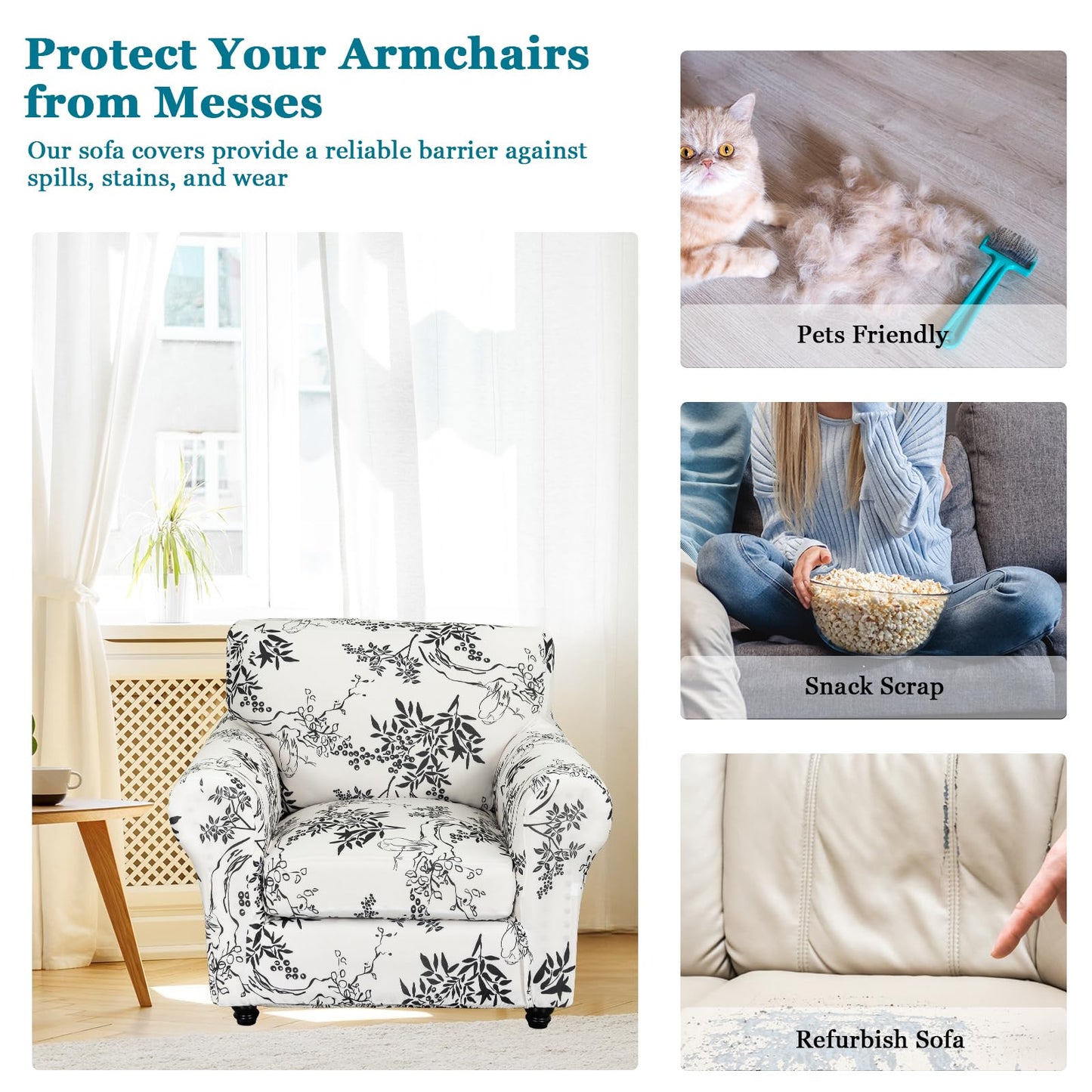 FUANGUI 2 Piece Chair Covers Stretch Arm Covers Chair Couch Covers, Armchair Slipcover with Separate Chair Cushion Cover, Floral Washable Chair Protector for Living Room (Armchair, Ink Pattern)