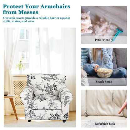 FUANGUI 2 Piece Chair Covers Stretch Arm Covers Chair Couch Covers, Armchair Slipcover with Separate Chair Cushion Cover, Floral Washable Chair Protector for Living Room (Armchair, Ink Pattern)