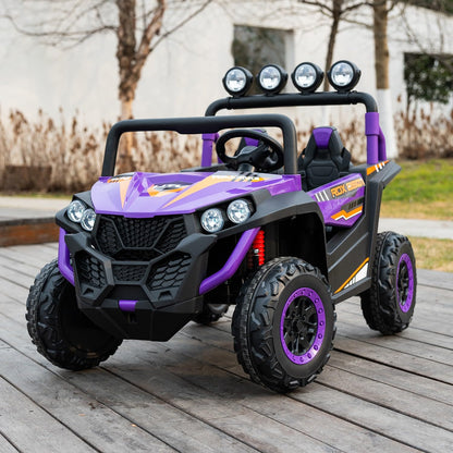 24V 2-Seater Kids Ride-On UTV, 4WD Electric Car with Parent Remote Control, 4x200W Motor, LED Headlights & Searchlights, Bluetooth Music, Spring Suspension, 3-Speed Off-Road Toy Gift, Purple