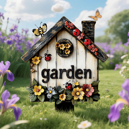2 Pcs Flowers Garden Sign With Stake, 2D Flat Wooden Floral Ladybug Butterfly Welcome Sign, Personalized Sign Stakes for Pots Flower Bed Yard Lawn