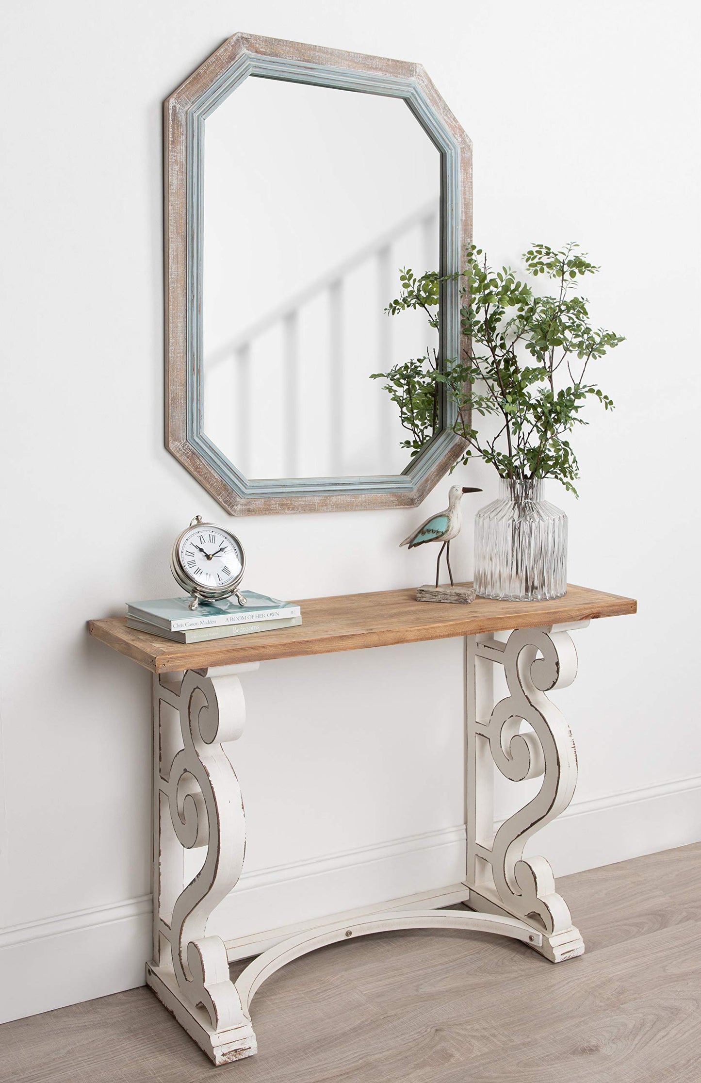 Kate and Laurel Palmer Large Rustic Octagon Wall Mirror, 36" x 28", Coastal Blue and Rustic Brown, Distressed Two-Tone Farmhouse Wall Accent