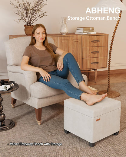 ABHENG Velvet Cover Steel Frame Ottoman with 48L Storage,17.7" x 17.7" x 17.7" Square Linen Storage Ottoman Stool Cube with Legs,for Dorm Livingroom White UASND64W