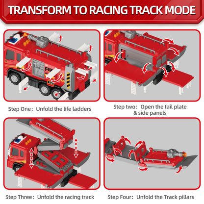 3in1 Fire Truck Toy with Foldable Race Track & 12 Diecast Race Cars Toys, Fire Trucks for Toddlers 3-5 with Lights & Sounds, Carrier Truck Car Kids Toy Gift for Age 3 4 5 6+ Year Old Boys Girls