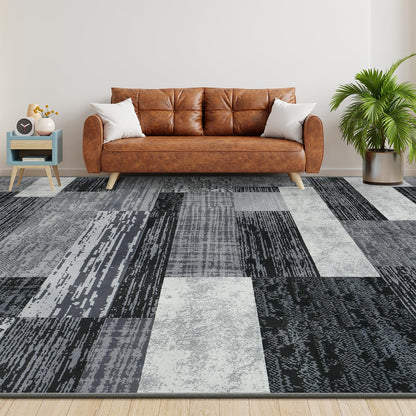 Large Area Rugs,Modern Geometric Patchwork Floor Decor for Bedroom Aesthetic Carpet, Rockwood Collection, Indoor Rugs for Living Room, Dining Room, Nursery, Office, Machine Washable Rug,6x9 Ft Grey