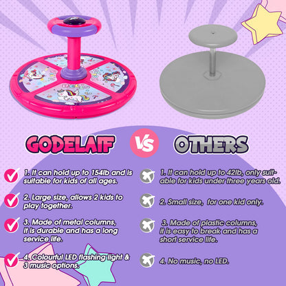 Unicorn Sit and Spin, GODELAIF Sit and Spin Toy 360° Spinning Stool Seat Sensory Toys Christmas Birthday Gift with Music & LED Lights for Kids Toddlers Girls Boys 2, 3, 4, 5, 6 Years Old