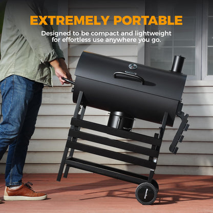 MASTER COOK Barrel Charcoal Grill with Foldable Front Shelf, 686 Sq.in. Cooking Area Outdoor bbq Grill,Thermometer and Adjustable Air Vents for Patio, Parties,Backyard, Tailgating, Black