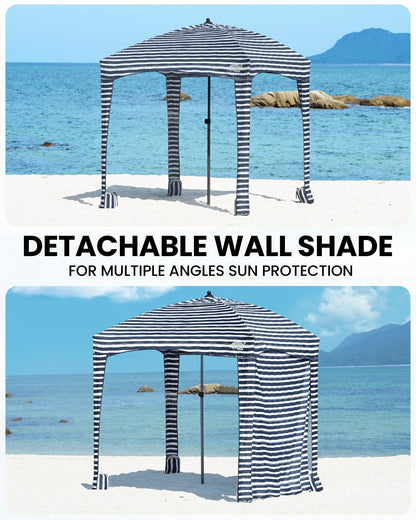 Qipi Beach Cabanas for Sand, Beach Canopy with Sandbags & Side Wall for Family, Easy Set Up Sun Shelter, UPF 50+ UV Protection with Roof Vent 6' x 6' A-Sailor Stripes