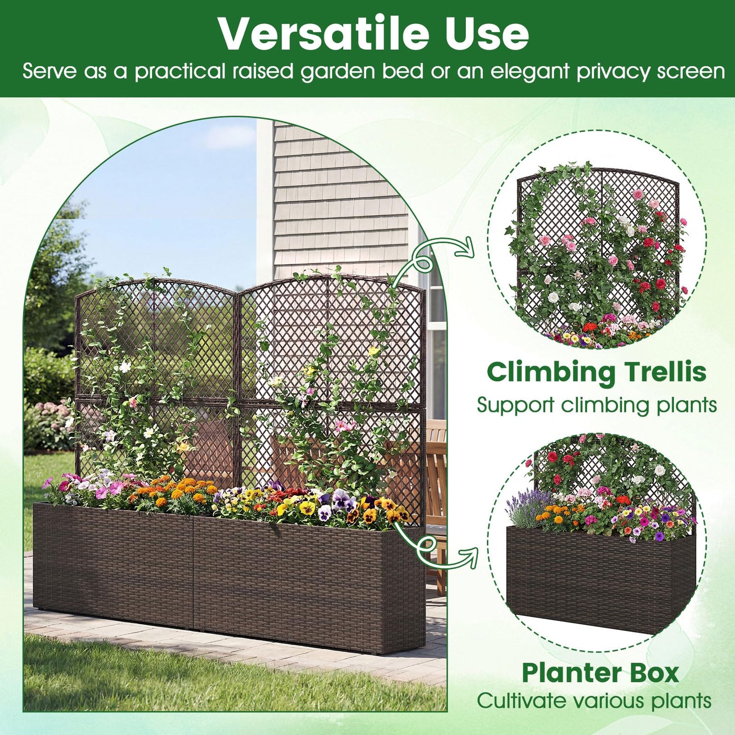 Happygrill Raised Garden Bed with Trellis, 58" Wicker Planter Box with Privacy Screen, Liner, Drainage for Patio Balcony, Outdoor PE Rattan Elevated Garden Bed for Climbing Plant Vine Flower (Brown,1)