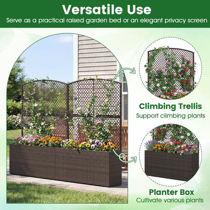 Happygrill Raised Garden Bed with Trellis, 58" Wicker Planter Box with Privacy Screen, Liner, Drainage for Patio Balcony, Outdoor PE Rattan Elevated Garden Bed for Climbing Plant Vine Flower (Brown,1)