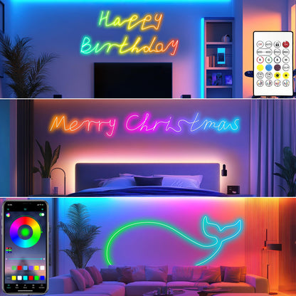 Cozylady RGB Neon LED Rope Lights, Waterproof Bluetooth APP Remote Control Music Sync Strip Lights, 24V Flexible DIY Silicone Light for Bedroom Home Indoor Outdoor Decor (7.5M/25Ft)