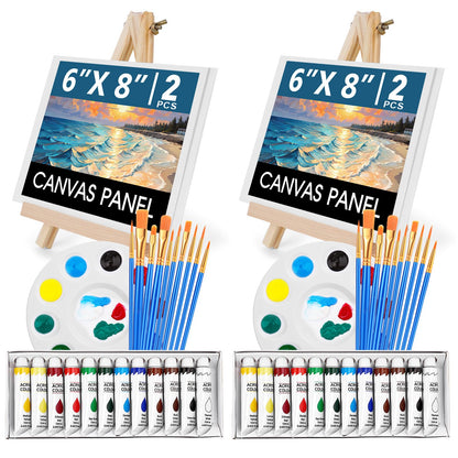 ESRICH 52PCS Acrylic Paint Canvas Set, Acrylic Painting Kit with 2 Set of 12 Colors Acrylics Paint,Paint Brushes,Canvas, Wooden Easels, Art Plates, Art Painting Supplies for Kids Adults Beginners