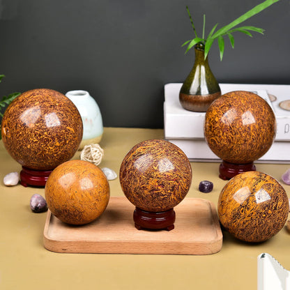 JIC Gem Healing Crystals Sphere Natural Golden Jade Crystal Ball Mineral Quartz Stone With Decorative Stand Home Decoration (70-80mm)