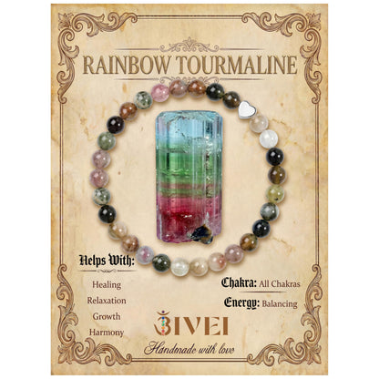 Bivei 6mm Rainbow tourmaline Crystal Stretch Bracelets for Women, Handmade Natural Stone Beaded Bracelet, Yoga Protection Jewelry Gift