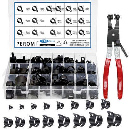 PEROMI 130Pcs 6-25mm Spring Band Hose Clamps With Swivel Flat Hose Clamp Plier Assortment Kit, Constant Tension Steel Clamps for Fuel Lines, Silicone, Vacuum Hoses & Low-Pressure Air Clips