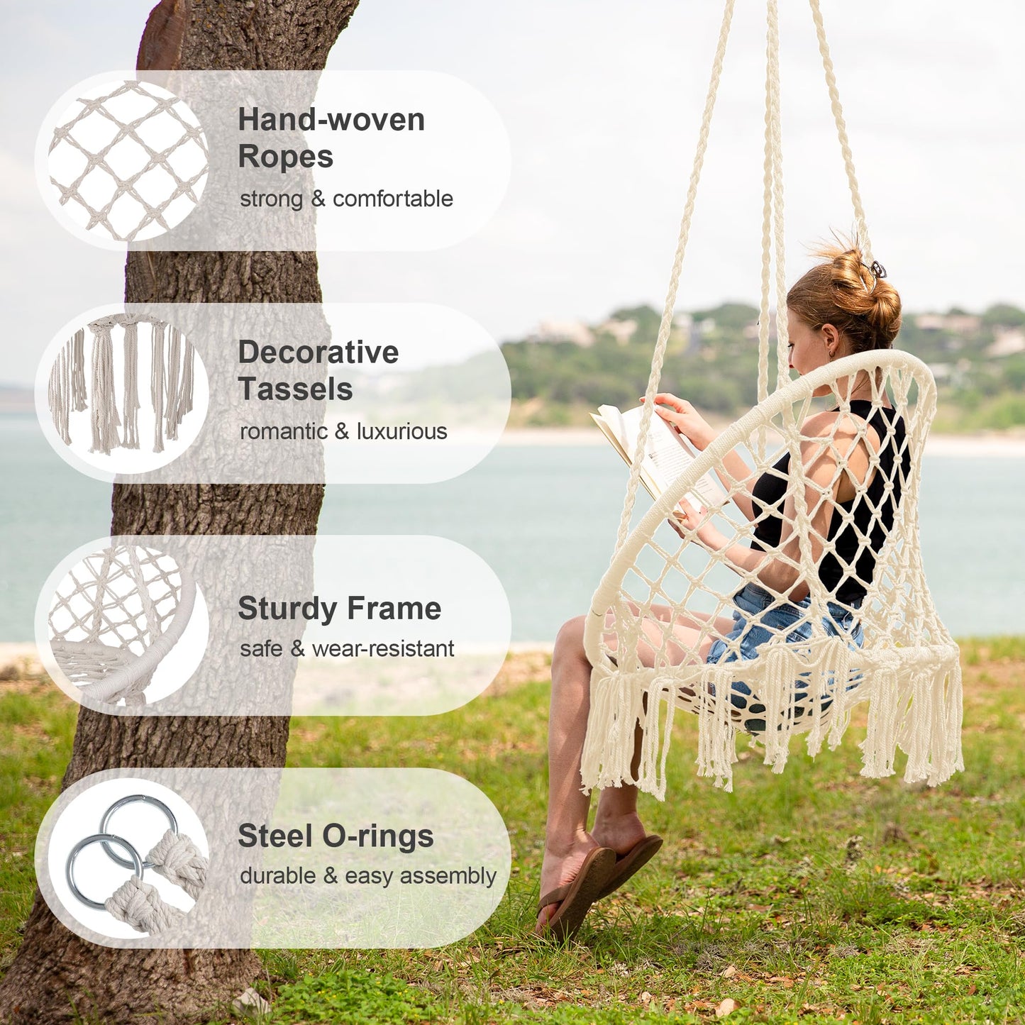 SUNCREAT Hammock Chair Macrame Swing with Side Pocket, Hanging Cotton Rope Hammock Swing Chair for Indoor and Outdoor Use, 330 lbs Capacity, Pack of 2, Beige