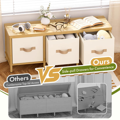 Atoping Storage Bench, 43.3" Bamboo Storage Chest with 3 Drawers, Entryway Bench with Cushioned Seat, End of Bed Bench with Storage Toy Box, Toy Chest Storage Bench for Entryway, Living Room, Bedroom