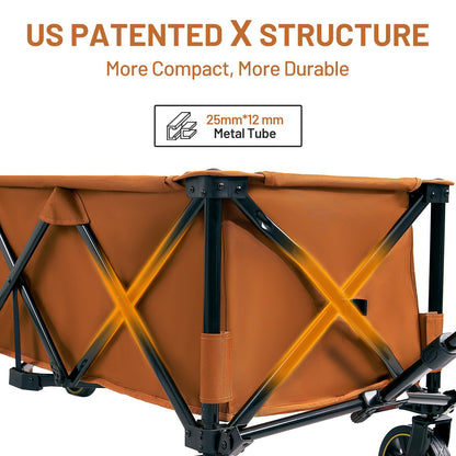 Timber Ridge 51.2'' Extended Collapsible Wagon Cart with Brakes and Cargo Net, 500LBS Heavy Duty Foldable Utility Wagon with Adjustable Handle, 400L Capacity Portable Cart for Camping Sports, Orange