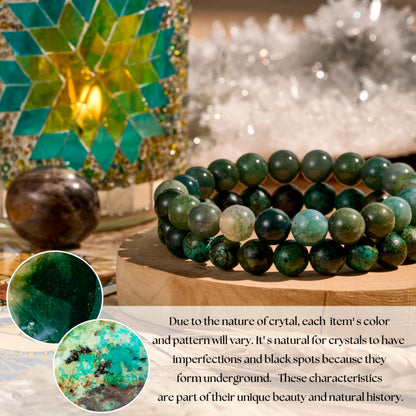 Bivei Natural Gemstone Semi Precious Crystals Handmade Stretchy Round Beads Bracelet, Enhance Positive Energy,Stocking Stuffers for Women(Moss Agate & African Turquoise(Peace & Prosperity) Medium)