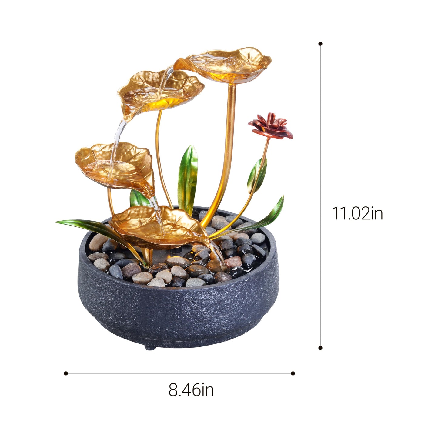 MSEONWXI Tabletop Fountain Metal Lotus Circulating Fountain Water Feature for Zen Home Decor Warm Yellow Scene Light(23034)
