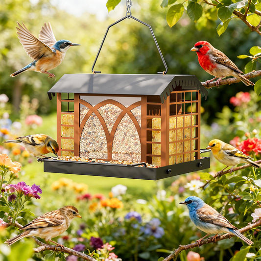 Bird Feeders for Outdoors Hanging, Metal Bird Feeder with Double Suet Cage Weatherproof Metal Roof, 3.5Lbs Large Capacity Great for Attracting Finch Cardinal Chickadee Wild Birds, Pinecone Brown