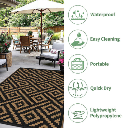 sarben Outdoor Rug for Patio - Waterproof Plastic Straw Camping Rugs 4x6 ft, Reversible Outdoor Indoor RV Mat Carpet for Patio, Porch, Deck, Balcony, Picnic, Beach, Black Brown