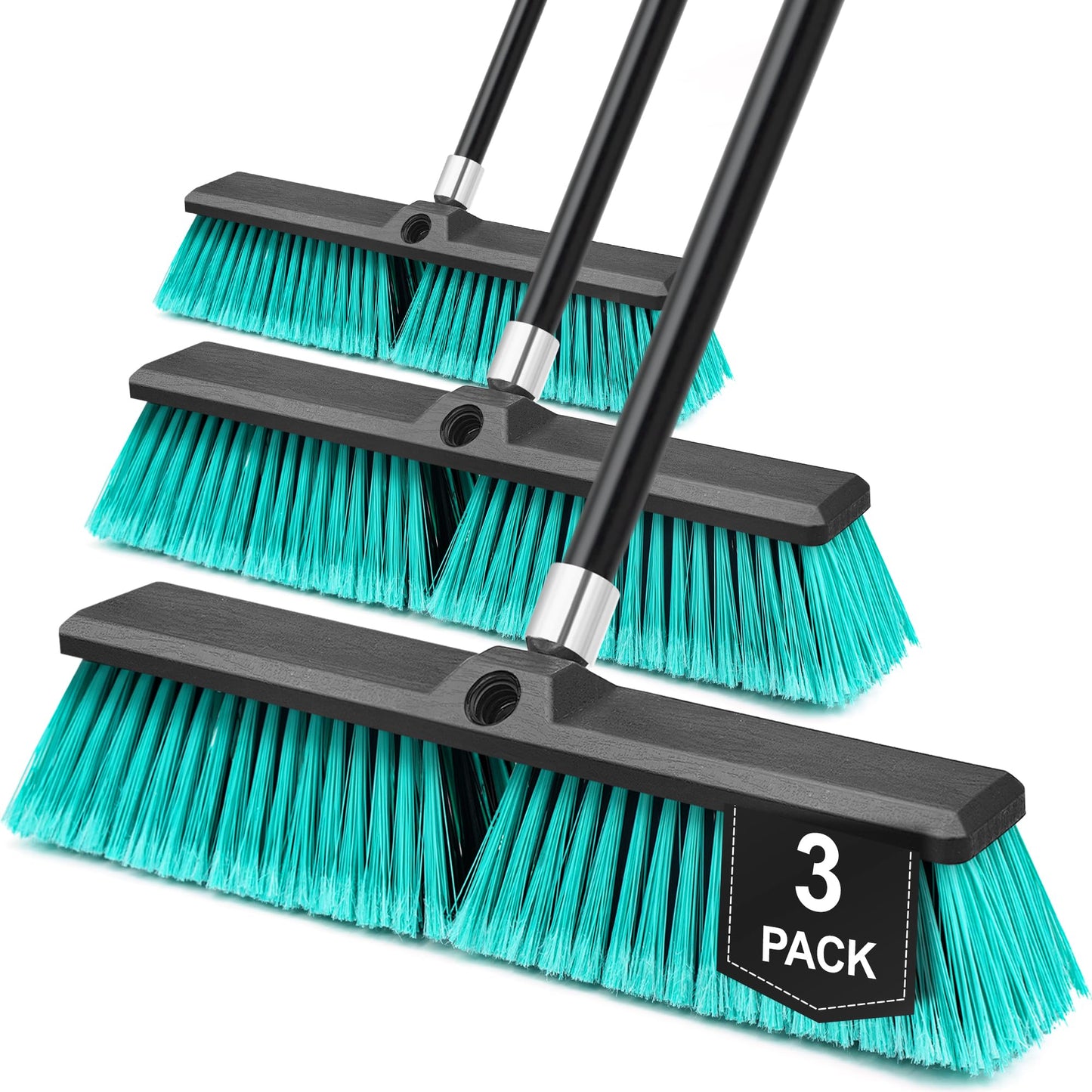 TidyBliss 18” Push Broom Outdoor Heavy Duty 3 Pack, Large Commercial Stiff Bristle Brush with 63 inches Long Handle for Garage Shop Garden Yard Patio Deck Street Warehouse Lawn Driveway (Green)