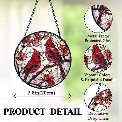 FUGWN Cardinal Bird Stained Glass Window Hanging, Red Cardinal Flower Sun Catchers Indoor Window Round Glass Wall Art Decor, Bird Suncatcher Wall Hanging Decorations, Gardening & Lawn Care