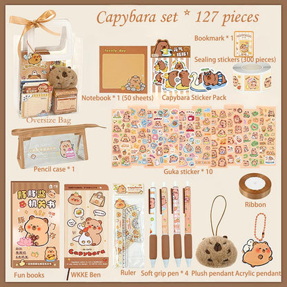 ERANC Capybara Stationery Set for Girls – Cute School Supplies Gift Bundle with Pencils, Notebook, Triangle Ruler, Stickers, Notepad, and Keychain Charm – Nice Gift for Kids (127Pcs)