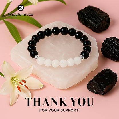 Joyfulmuze Black Tourmaline Selenite Bracelet, Handmade Stretch Jewelry, Natural Calming Crystals, Simple Genuine Chakra Energy Bracelet, Gifts for Women and Man, 8mm