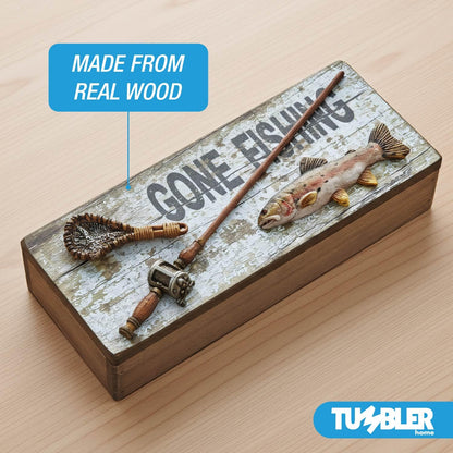 Tumbler Home Gone Fishing Wood Box - Rustic Wood Keepsake Box Holds Coins, Keys and Wallet - Father's Day Gift, Birthday or Christmas Gifts for Fisherman, Dad, Son, Grandpa