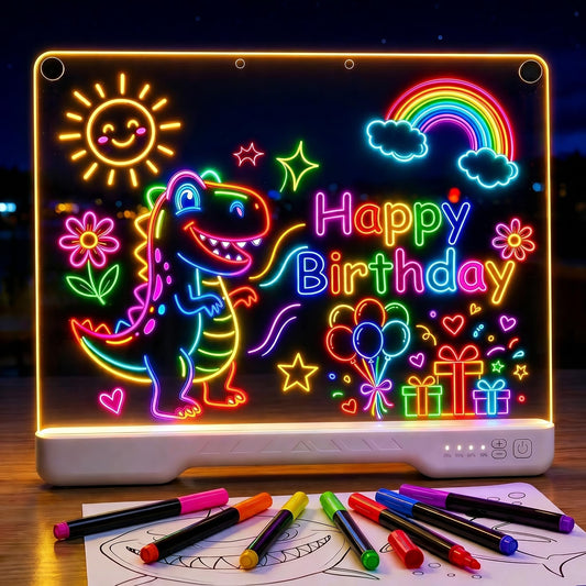 Vonieion 14" x 10" LED Light Up Drawing Board for Kids, 7 Colors Rechargeable Glow Doodle Board, Adjustable Brightness Neon Writing Tablet, Magic Night Light Decor, Birthday Gift for Boys Girls