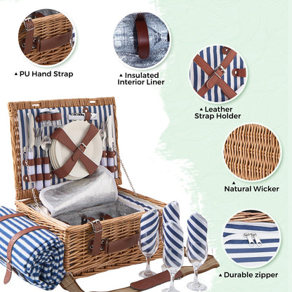 TOSTOOIRX Willow Picnic Basket Set for 4 with Large Insulated Bag and Waterproof Picnic Blanket, Wicker Picnic Hamper for Camping, Outdoor, Birthday, Valentine, Navy