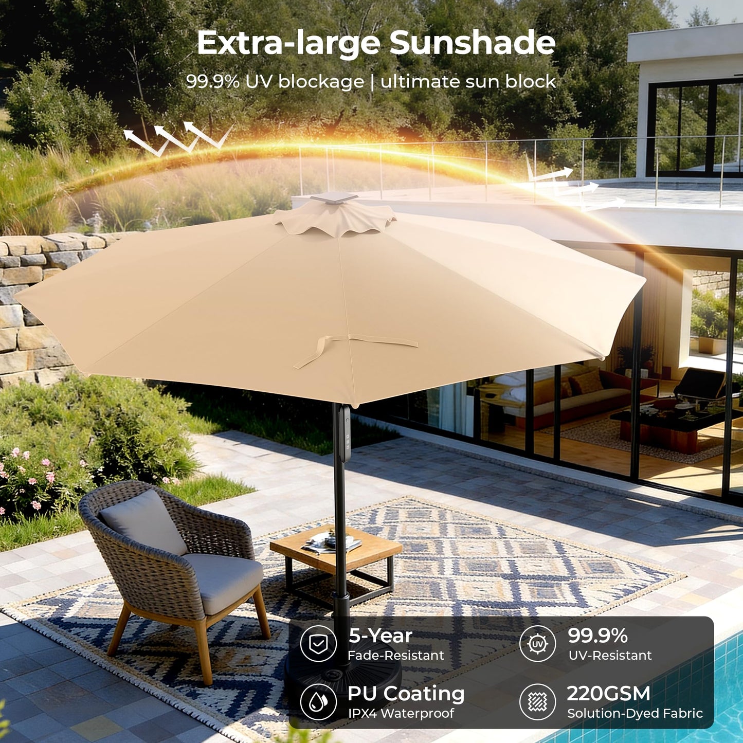 HOMSHADE Offset Patio Umbrella with Base Included, Cantilever Offset Hanging Patio Outdoor Market Umbrella UPF50+ UV Protection with Easy Tilt and Crank for Pool Deck and Garden(Buff)