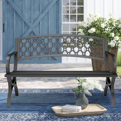 Maemttes Outdoor Bench Garden Benchs, Weatherproof Anti-Rust Heavy-Duty Outside Bench Clearance, Wrought Iron Metal Bench for Front Porch, Patio, Park, Ergonomic Backrest, Slatted Seat