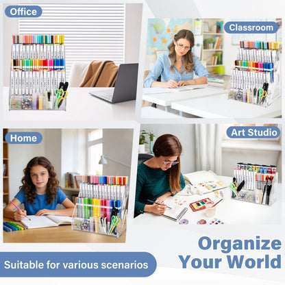 CELSOL Acrylic Pen Holder – 3 Tier 15 Compartments Vertical Storage for Markers, Pens & Art Supplies – Clear Desk Organizer for Home, School & Office – Ideal for Space-Saving & Desk Organization