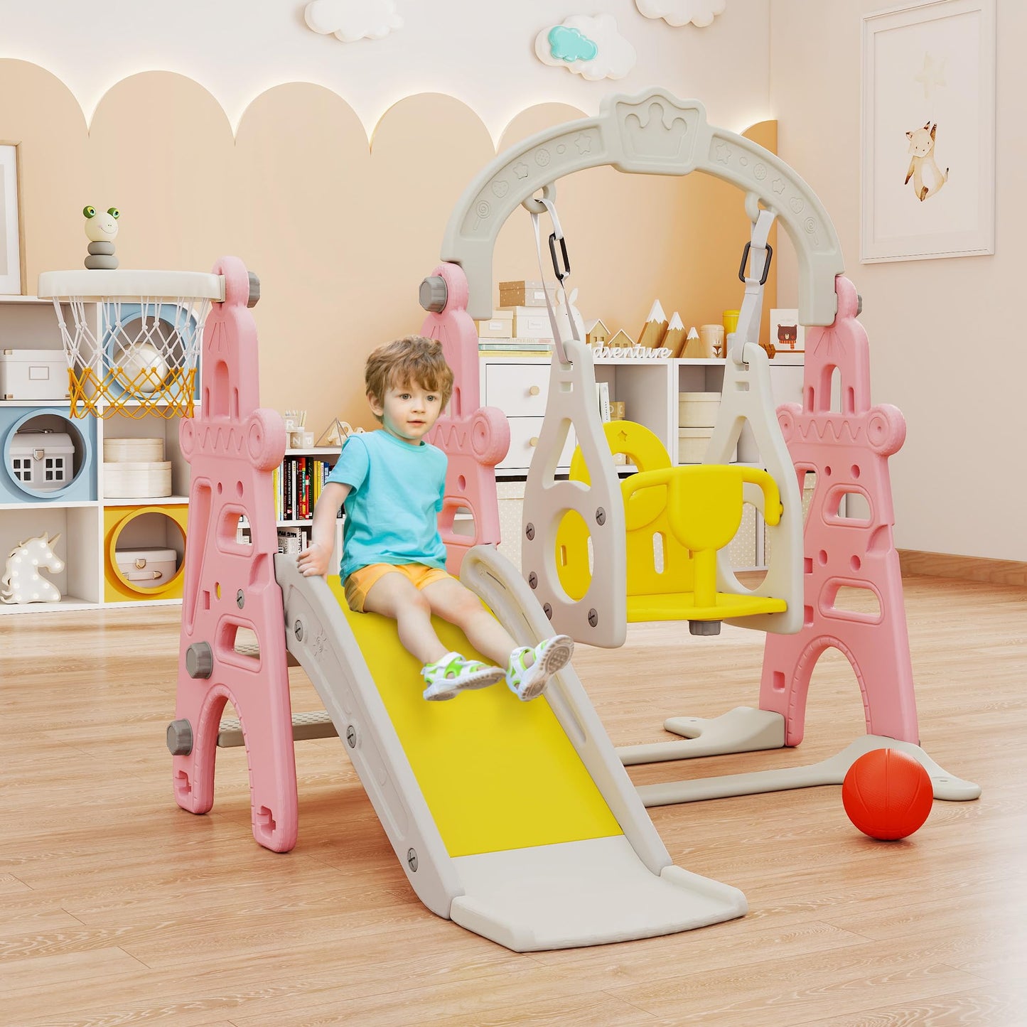 3-in-1 Kids Slide for Toddlers Slide and Swing Set,Indoor Playground for Children,Freestanding Outdoor Slides with Basketball Hoop,Outside Climber Playhouses,Baby Climbing Toys