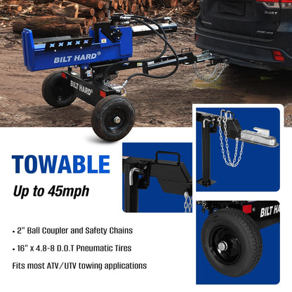BILT HARD 25-Ton Horizontal/Vertical Towable Gas Log Splitter, Hydraulic Log Splitter with 8 HP 223cc 4-Cycle OHV Engine, 2" Ball Coupler, Safety Chains, Wood Splitter for Firewood Splitting