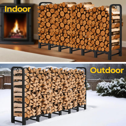Amagabeli 8ft Firewood Log Rack Outdoor Heavy Duty Logs Holder for Fireplace Indoor Outdoor Adjustable Wood Racks for Fire Wood Holder Metal Pile Stand Storage Stacker Organizer Black