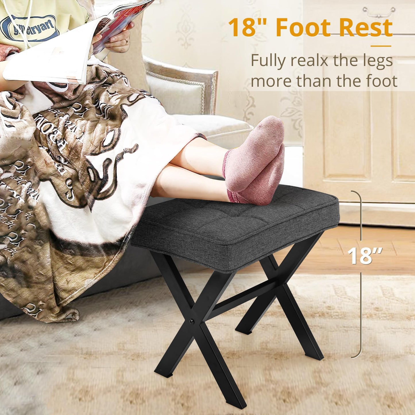 LUE BONA Vanity Stool, Square Linen Makeup Stool with Metal X Legs, Small Ottoman Stool Chair for Vanity, Modern Padded Vanity Seat Foot Rest Stool for Makeup Room, Living Room, Bathroom, Carbon Gray