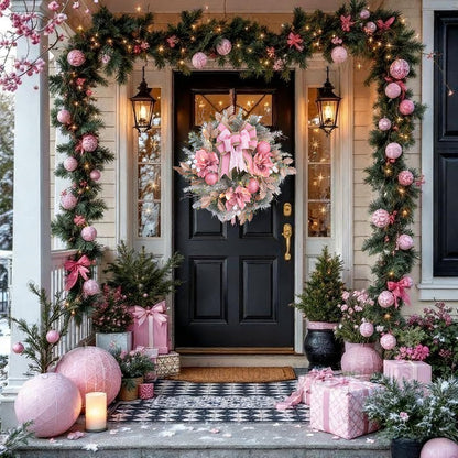 22inch Christmas Pink Wreath for Front Door with 30 LED Lights,Elegant Magnolia Christmas Door Wreath,Festive Holiday Decor, Frosted Winter Pink Decorations for Wedding