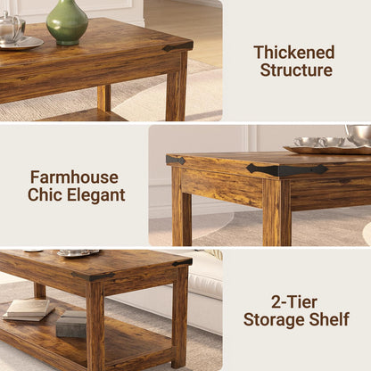 Homieasy 43.3” Rectangular Coffee Table with Storage Shelf, Farmhouse Wood Center Table for Living Room, Modern Black Tea Table with Open Shelf, Rustic Brown