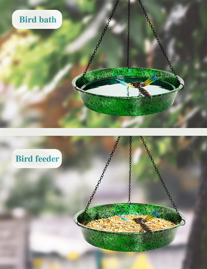Hanging Bird Bath for Outside, 11.5” Metallic Green & Blue Metal Birdbath Bowl & Feeder with Black Chain Outdoor Garden Yard Decor