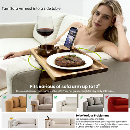 360° Detachable Rotating Acacia Wood Sofa Arm Tray Table, Serving Tray Clip On Couch Armrest Table with Cup Holder & Phone Stand, TV Dinner Tray for Eating on Sofa, TV Trays Fits for Small Spaces