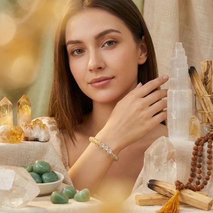 Bivei Good Luck Bracelet, Strength Crystal Healing Bracelet 8MM with Citrine & Green Aventurine & Clear Quartz - Spiritual Stretch Beaded Jewelry for Women Men Gift