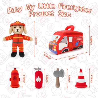 JUSTQUNSEEN Stuffed Plush Firefighter Kit for Baby Toddler, 6-Pcs My Little Playset, Sensory Pretend Play Toy with Fire Truck/Dog Firefighter/Extinguisher, Boy Girl Infant Gifts