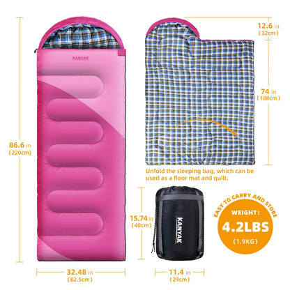 KANYAK Pink Sleeping Bag with Carry Bag, Warm Washable and Skin-Friendly Camping Sleeping Bag for Festival Sleep-Outs or Outdoor Adventures